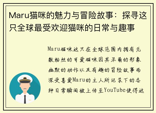 Maru猫咪的魅力与冒险故事：探寻这只全球最受欢迎猫咪的日常与趣事