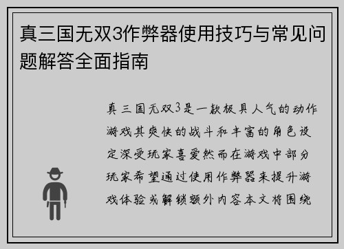 真三国无双3作弊器使用技巧与常见问题解答全面指南
