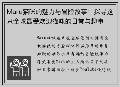 Maru猫咪的魅力与冒险故事：探寻这只全球最受欢迎猫咪的日常与趣事